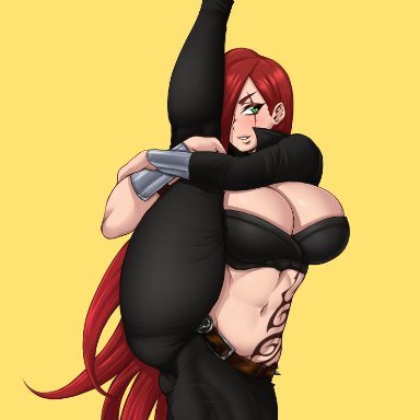 1futa, big breasts, breasts, bulge, cleavage, dickgirl, erection, erection under clothes, flexible, futa only, futanari, katarina, large breasts, league of legends, legs up