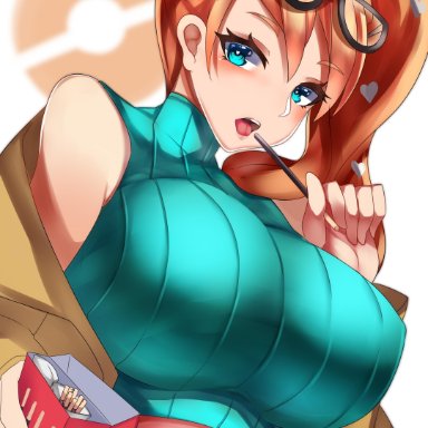 1girls, aqua eyes, big breasts, eye contact, eyewear on head, female, glasses, glasses on head, large breasts, looking at viewer, nintendo, orange hair, pocky, pokemon, pokemon ss