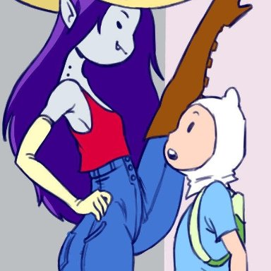 1boy, 1girl, adventure time, against wall, boots, cartoon network, female, finn the human, flexible, hand on hip, hatebit, heeled boots, height difference, high heel boots, intimidation