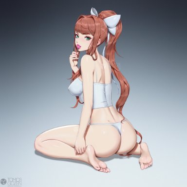 1girls, ass, brown hair, bubble ass, bubble butt, curvy, doki doki literature club, erect nipples under clothes, feet, female only, foot fetish, green eyes, hourglass figure, kneeling, large breasts