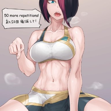 1boy, 1girls, black hair, blue eyes, booty shorts, breasts, dominant female, female, femdom, fiora, fiora laurent, league of legends, multicolored hair, pale skin, pink hair