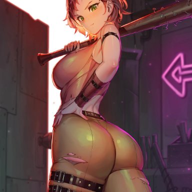 1girls, absurd res, ass, bare shoulders, baseball bat, belt, breasts, brown hair, cait (fallout), fallout, fallout 4, female, green eyes, hi res, high resolution