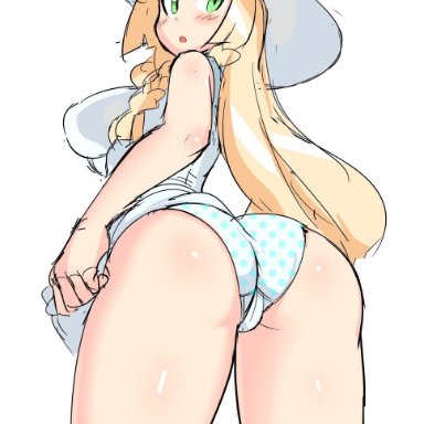 1girls, ass, big ass, big breasts, blonde hair, blush, breasts, dress, elbow, female, green eyes, hat, lillie (pokemon), long hair, looking back