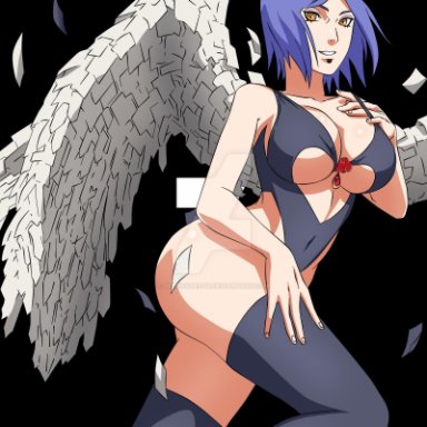 1girls, akatsuki (naruto), angel wings, big breasts, blue hair, breasts, cleavage, cleavage cutout, collarbone, cutout, deboratesta, deviantart, eyeliner, eyeshadow, facial piercing