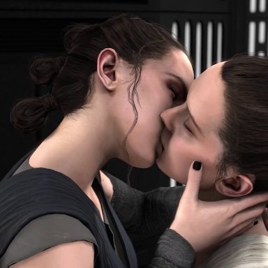 2girls, 3d, animated, black nails, brown hair, clothed, evil twin, female, female only, french kiss, half-closed eyes, hand on another's face, kissing, making out, nail polish
