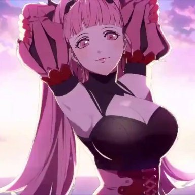 1girl, animated, armpits, arms up, big breasts, blush, breasts, busty, cleavage, english text, female, fire emblem, fire emblem: three houses, game cg, good end