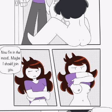 2girls, age difference, black hair, blush, brown hair, comic, cum on fingers, dialogue, jaiden, jaiden animations, jaidens mom, milf, mother and daughter, panties, purple shirt