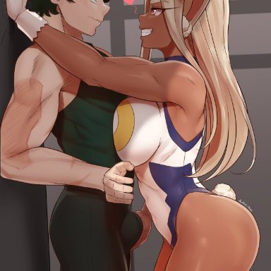 aestheticc-meme, big ass, big breasts, bunny ears, bunny girl, dark skin, female, holding, holding penis, izuku midoriya, male, miruko, my hero academia, rumi usagiyama