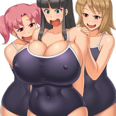 3girls, abs, belly, belly button, big breasts, black hair, breast, breast envy, breast press, breast squeeze, brunette, dark hair, drool, drooling, flat chest