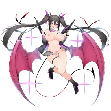 1futa, areolae, balls, big breasts, breasts, cosplay, dark hair, demon girl, demon wings, full body, futa only, futanari, guns, hair ornament, human