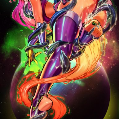 1girls, ahe gao, ass, dc, dcau, feet, green nails, heart, miniskirt, nail polish, orange skin, red hair, reiq, skirt, starfire