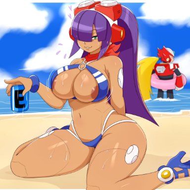 1girls, bikini, female, huge breasts, jinu, large breasts, layer, looking at viewer, male, mega man, solo focus, thick thighs, wide hips