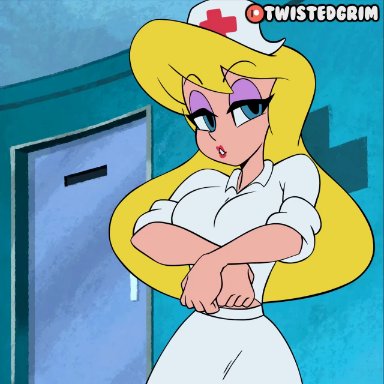 animaniacs, animated, areolae, athletic, athletic female, big breasts, blonde hair, blue eyes, breasts, breasts outside, busty, eyeshadow, flashing, hanging breasts, hello nurse