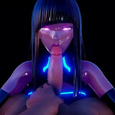 1boy, 1girl, 3d, android, animated, asian, black background, black hair, blowjob, censored, fellatio, fringe, glowing eyes, harimau mmd2, long hair