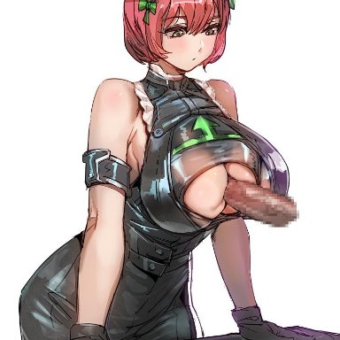 arm strap, arm support, bare shoulders, black dress, black gloves, bow, bow (bhp), breasts, censored, cleavage cutout, closed mouth, clothing cutout, cowboy shot, desk, disembodied penis