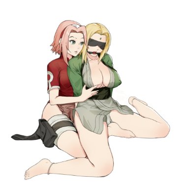 2girls, age difference, alternate costume, anklet, arms behind back, ball gag, bandaged leg, bandages, bangs, barefoot, big breasts, blonde hair, bondage, bottomless, breasts