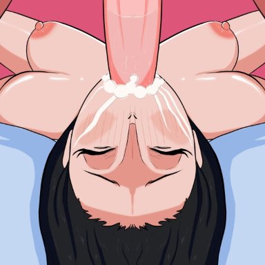 1boy, 1girls, animated, animated gif, areolae, balls, bed, big boobs, big breasts, black hair, breasts, closed eyes, cum in mouth, deepthroat, defeated