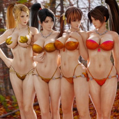 3d, 4girls, abs, adeptusinfinitus, bedroom eyes, bikini, black hair, blender, blonde hair, breasts, brown hair, clothed, dead or alive, kasumi (doa), king of fighters