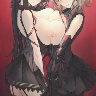 azur lane, cum, garter, gothic lolita, huge breasts, lactation, lolita fashion, no bra, open shirt, pantyhose, roon (azur lane), roon µ (azur lane), stockings, symmetrical docking, taihou (azur lane)