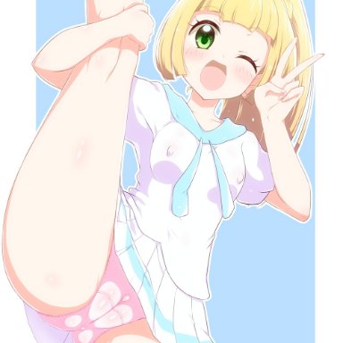 1girls, blonde hair, blush, cameltoe, female, green eyes, leg hold, leg up, lillie (pokemon), long hair, looking at viewer, nintendo, nipple bulge, panties, peace sign