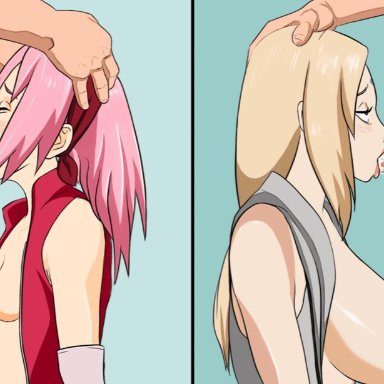 2boys, 2girls, animated, areolae, bangs, big breasts, blonde hair, blowjob, blush, bow, breast size difference, closed eyes, clothed female nude male, deepthroat, elbow pads