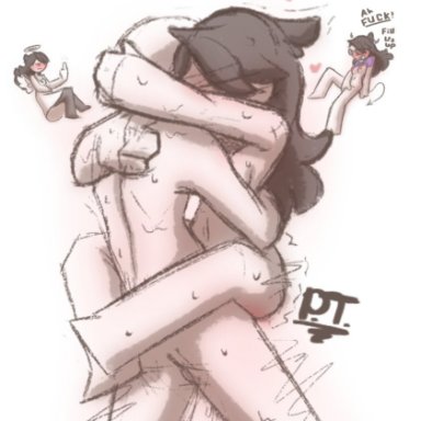 angel, angel wings, blush, brown hair, devil, heart, hugging, jaiden, jaiden animations, jaidenanimations, jonathanpt, leg hug, nude, sex, straight