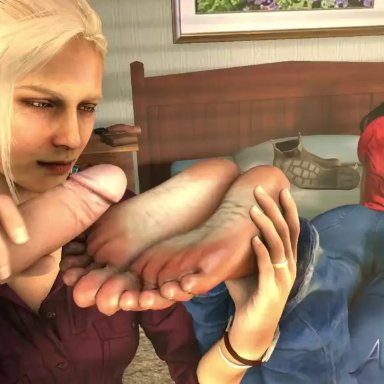 1boy, 2girls, 3d, 3d animation, ankhajiit, blonde, blonde hair, butt, chloe frazer, cum, cum on feet, cumshot, dark hair, elena fisher, feet