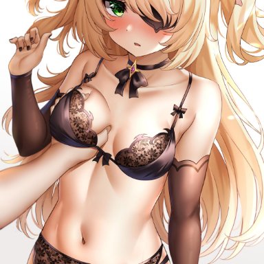 black bra, black panties, blush, bra, breast grab, breast squeeze, eyepatch, fischl (genshin impact), garter belt, garter straps, genshin impact, groping, lingerie, navel, panties