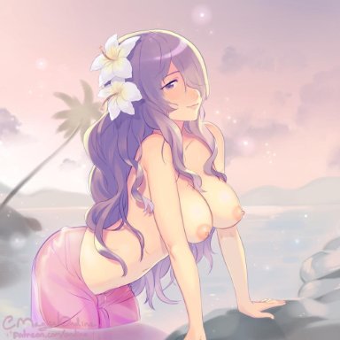 1girls, big breasts, camilla (fire emblem), fire emblem, fire emblem fates, fire emblem heroes, hair flower, large breasts, long hair, nipples, ondine, one eye covered, palm tree, partially submerged, purple eyes