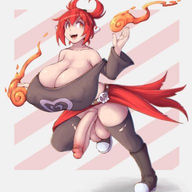 1futa, alternate breast size, balls, big penis, breasts, cleavage, clothed, clothing, dickgirl, fire, full body, futa only, futanari, huge balls, huge breasts