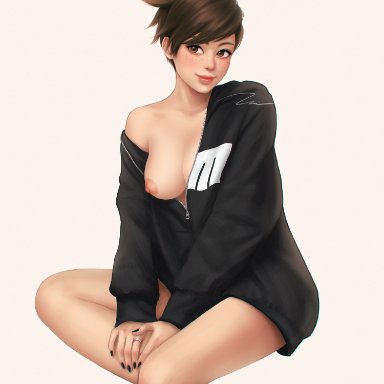 1girls, areolae, black nails, bottomless, breasts, brown eyes, brown hair, cute, female, female only, hoodie, nipples, one breast out, overwatch, short hair