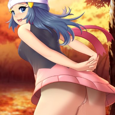 autumn, beanie, blue eyes, blue hair, blush, colored, dawn (pokemon), dress, female only, hair ornament, hands behind back, looking at viewer, nintendo, no panties, outside