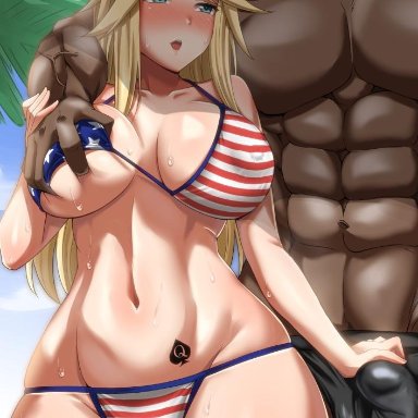 1boy, alice gear aegis, american flag bikini, areolae, ayuayu (shouyu no sato), bikini, blonde hair, blue eyes, blush, bulge, dark-skinned male, female, flag print, grabbing from behind, groping