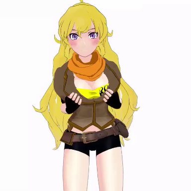 1girl, animated, blonde, blonde hair, breast reveal, heart eyes, mmd, no sound, orange scarf, plain background, rwby, simple background, solo, solo female, tomo anim