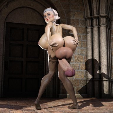 3d, backsack, dickgirl, futanari, huge balls, huge breasts, huge penis, nun, presenting, presenting anus, rendermania, solo