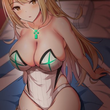 :o, 1girl, 1girls, arm support, bangs, bare arms, bare shoulders, bed, big ass, big breast, big butt, blanket, blonde hair, blush, breasts