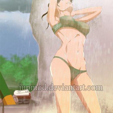 1girls, areolae, arms behind head, bra, breasts, brown hair, cameltoe, closed eyes, clothes removed, deviantart, female, female only, jupmod, naruto, naruto (series)