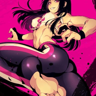 1girls, abs, alternate costume, ass, bare shoulders, belly, black hair, clenched teeth, crop top, curvy, edit, erect nipples, feet, fishine, foot fetish