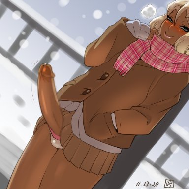 1boy, blonde hair, blue eyes, blush, bulge, buttons, censored, closed mouth, crossdressing, dark skin, dark skinned male, dated, doomcomic, dutch angle, erection