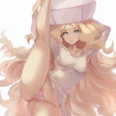 1girls, big hat, blonde hair, caitlin (pokemon), female, green eyes, leg split, leg up, lingerie, long hair, looking at viewer, nintendo, panties, pink panties, pokemon