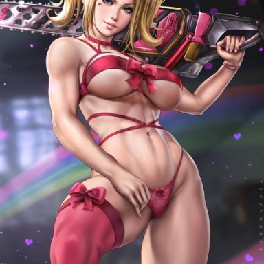 1girls, blonde, blonde hair, blue eyes, breasts, chainsaw, dandon fuga, female, female only, juliet starling, large breasts, lollipop chainsaw, midriff, navel, panties