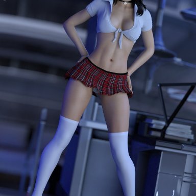 1girls, 3d, black hair, blue eyes, breasts, choker, cleavage, daz studio, eyeshadow, female, female only, front-tie top, full body, hands on hips, heels