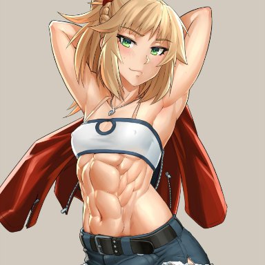 1futa, abs, armpits, arms up, bandeau, belt, belt buckle, black belt, blonde hair, blush, braid, breasts, buckle, bulge, collarbone