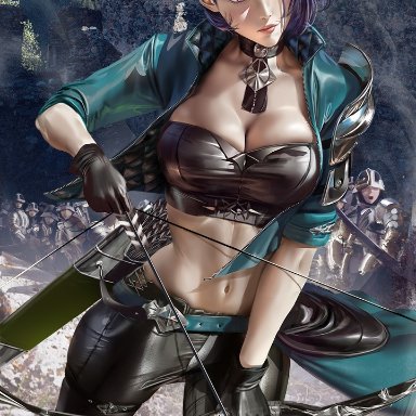 1girls, arrow, bare midriff, big breasts, blue hair, bow, choker, cleavage, female, female focus, female only, fire emblem, fire emblem: three houses, lips, midriff