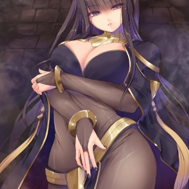 1girls, artist name, big breasts, black hair, bodystocking, bracelet, breasts, bridal gauntlets, cape, cleavage, eyebrows visible through hair, female, fire emblem, fire emblem awakening, fire emblem: awakening