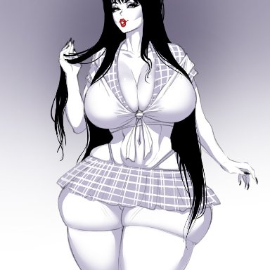 1girls, big breasts, breasts, cleavage, elvira, elvira: mistress of the dark, fellatrix, female, female only, large breasts, looking at viewer, skindentation, solo, solo female, thick thighs