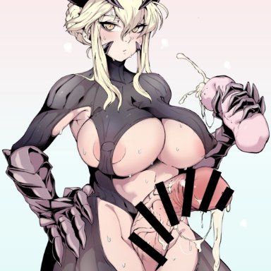 1futa, after masturbation, areolae, artist request, artoria pendragon, artoria pendragon (lancer alter), bar censor, big breasts, big penis, breasts, censored, clothed, clothing, cum drip, cum in onahole