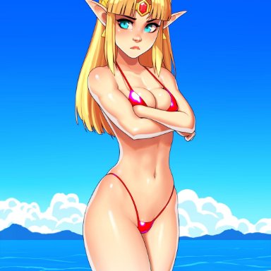 1girls, a link between worlds, angry, arms crossed, artist name, big boobs, big breasts, bikini, blonde hair, blue eyes, blush, blushing, boobs, breasts, detailed background