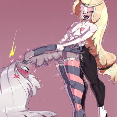 1futa, 1girls, ahe gao, ambiguous penetration, black lipstick, blonde hair, charlie magne, clenched teeth, clothed, clothing, duo, female, futa on female, futanari, grabbing from behind