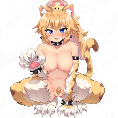 1girls, all fours, areolae, blonde hair, blue eyes, blush, bowsette, breasts, cat ears, cat girl, claws, cowfee, earrings, eyebrows visible through hair, facial markings